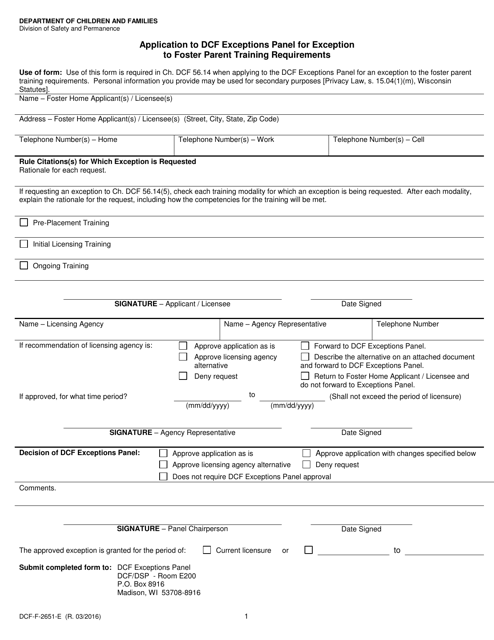Form DCF-F-2651-E Application to Dcf Exceptions Panel for Exception to Foster Parent Training Requirements - Wisconsin