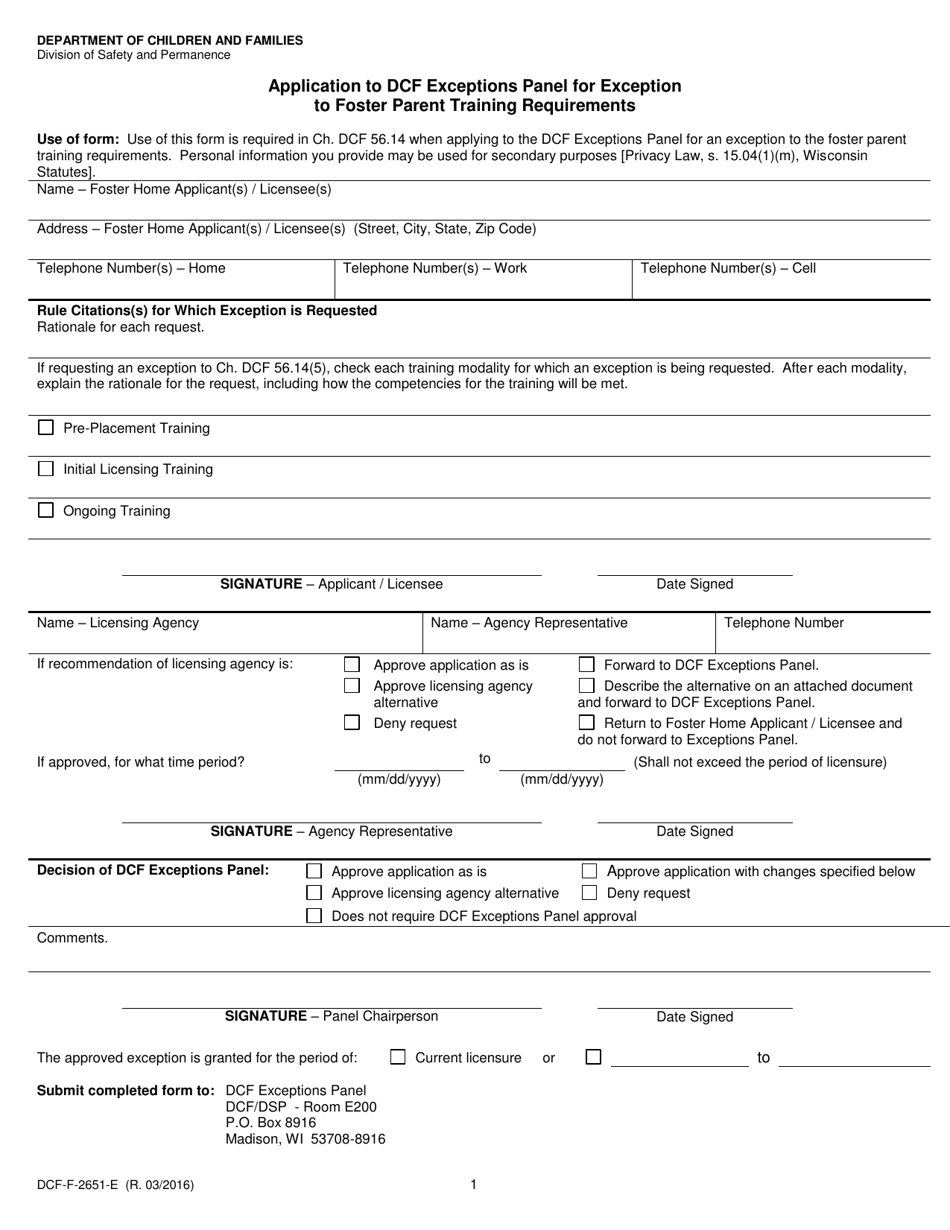 Form DCF-F-2651-E Application to Dcf Exceptions Panel for Exception to Foster Parent Training Requirements - Wisconsin, Page 1