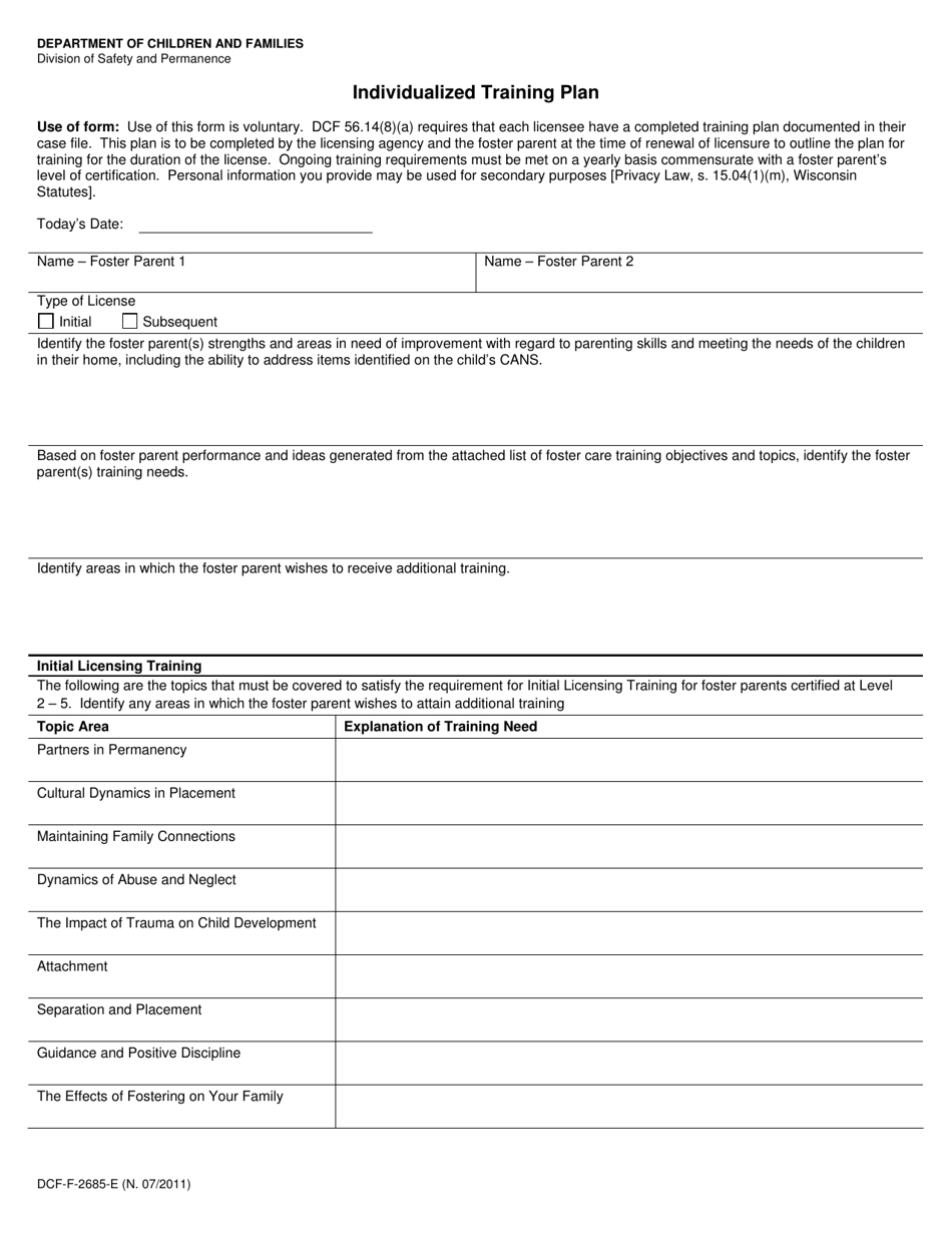 Form DCF-F-2685-E Individualized Training Plan - Wisconsin, Page 1