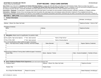 Form DCF-F-CFS0053 &quot;Staff Record - Child Care Centers&quot; - Wisconsin