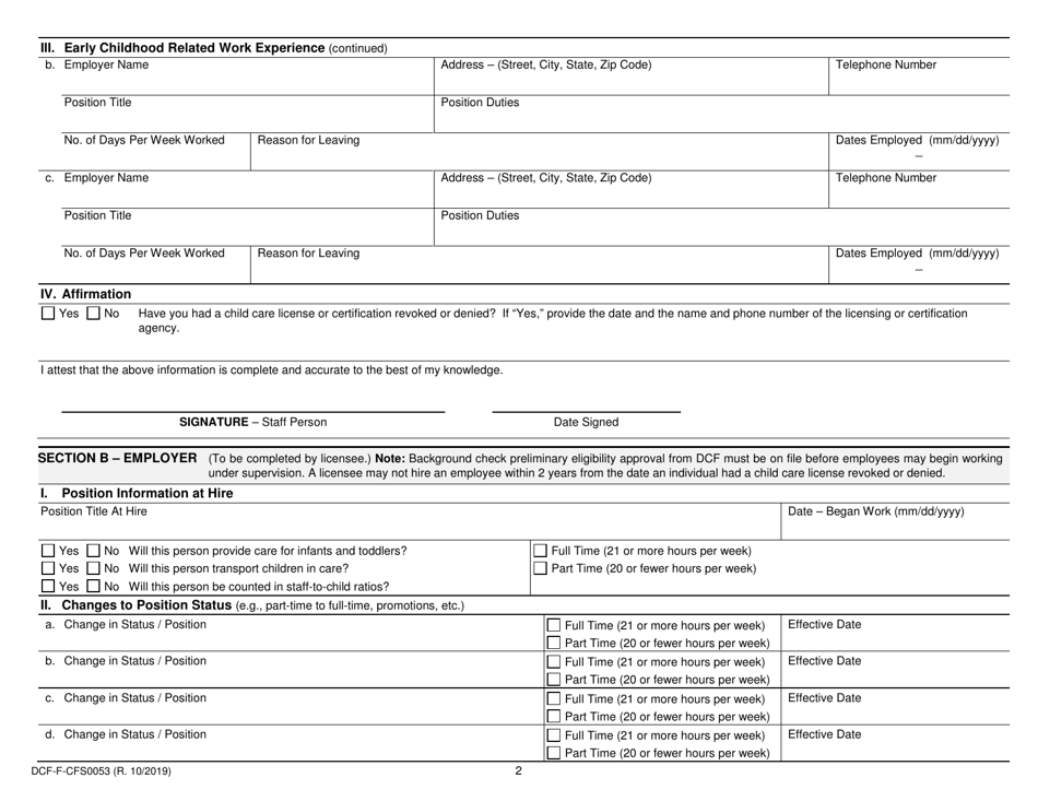 Form DCF-F-CFS0053 Staff Record - Child Care Centers - Wisconsin, Page 2