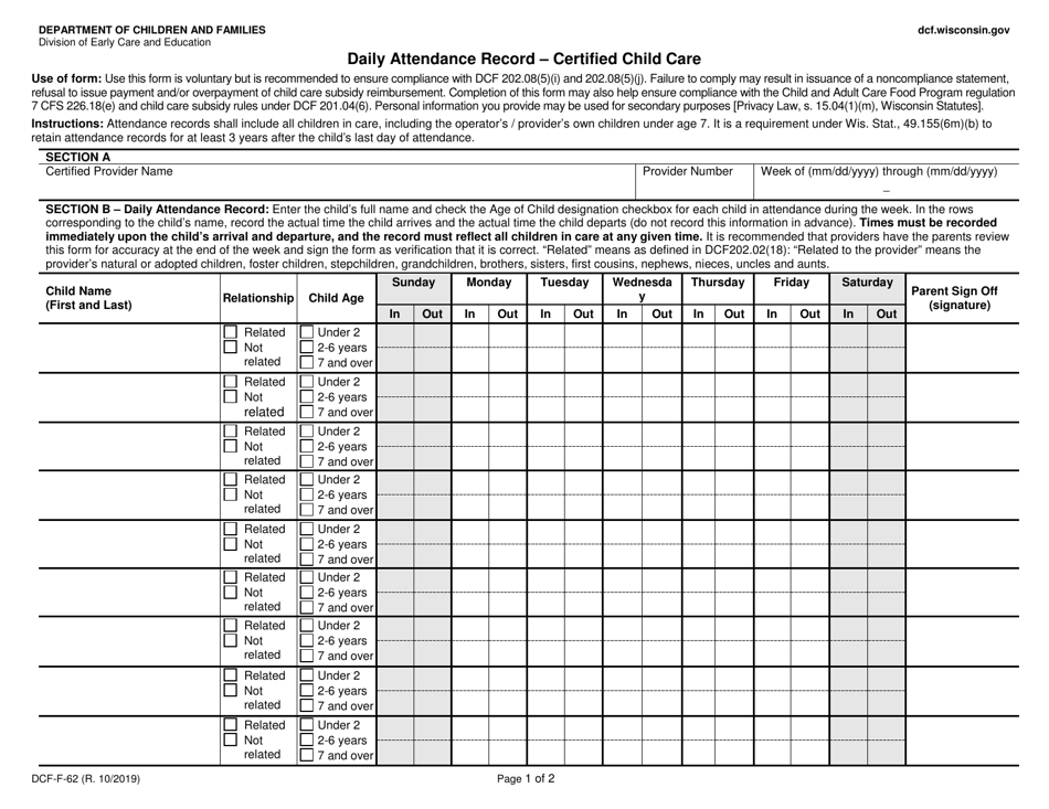 Form DCF-F-62 Daily Attendance Record - Certified Child Care - Wisconsin, Page 1