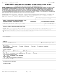 Formulario DCF-F-CFS0061-S Admision Para Ninos Menores Que 2 Anos En Centros De Cuidado Infantil - Wisconsin (Spanish)