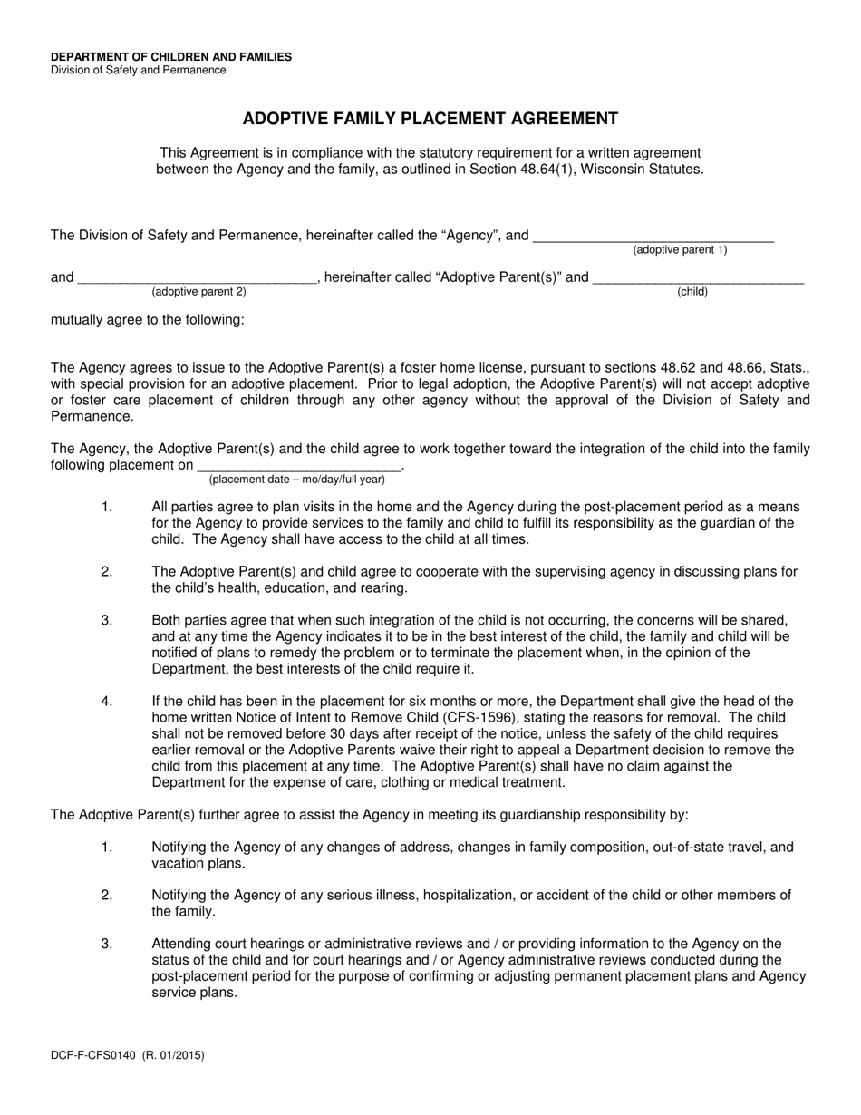 Form DCF-F-CFS0140 Adoptive Family Placement Agreement - Wisconsin, Page 1