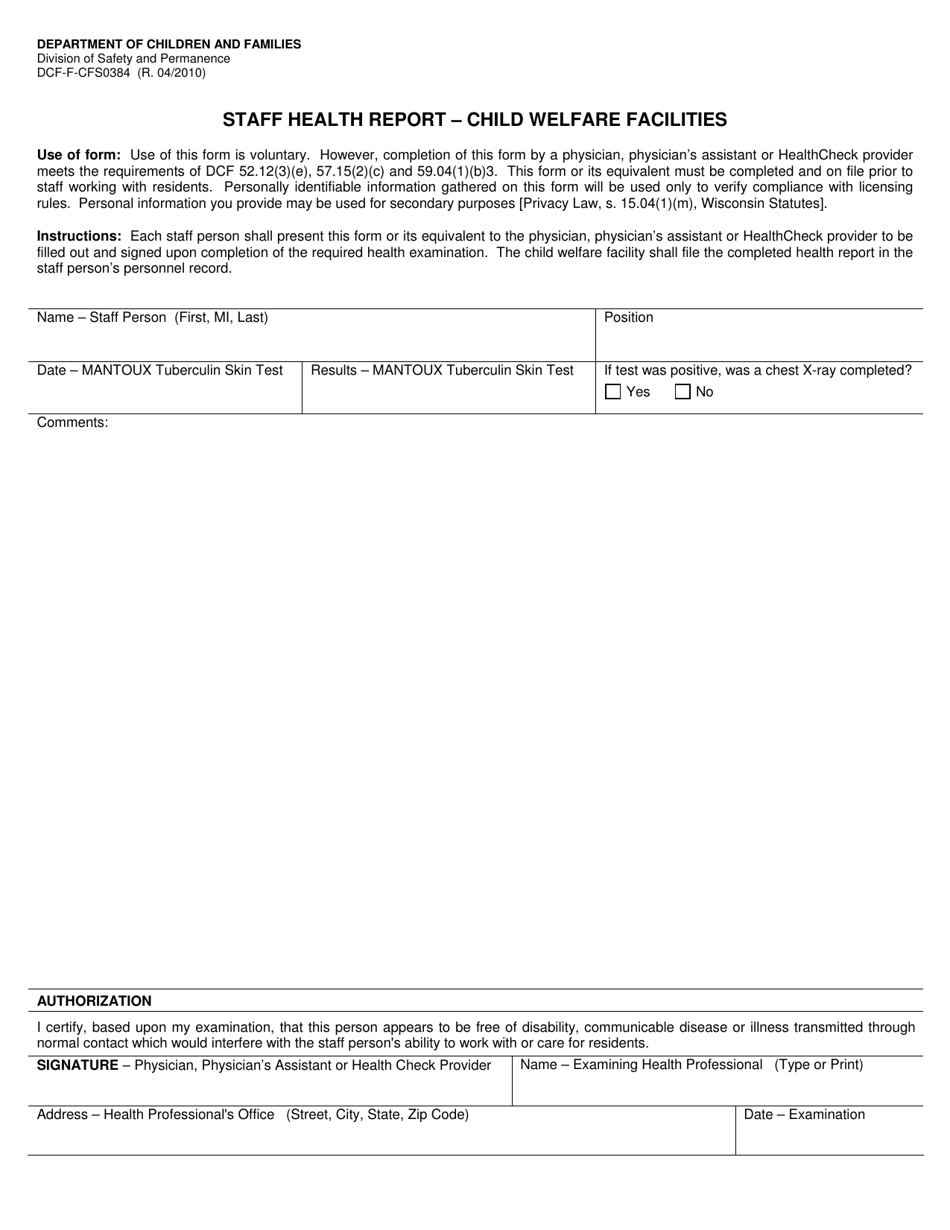 Form DCF-F-CFS0384 Staff Health Report - Child Welfare Facilities - Wisconsin, Page 1