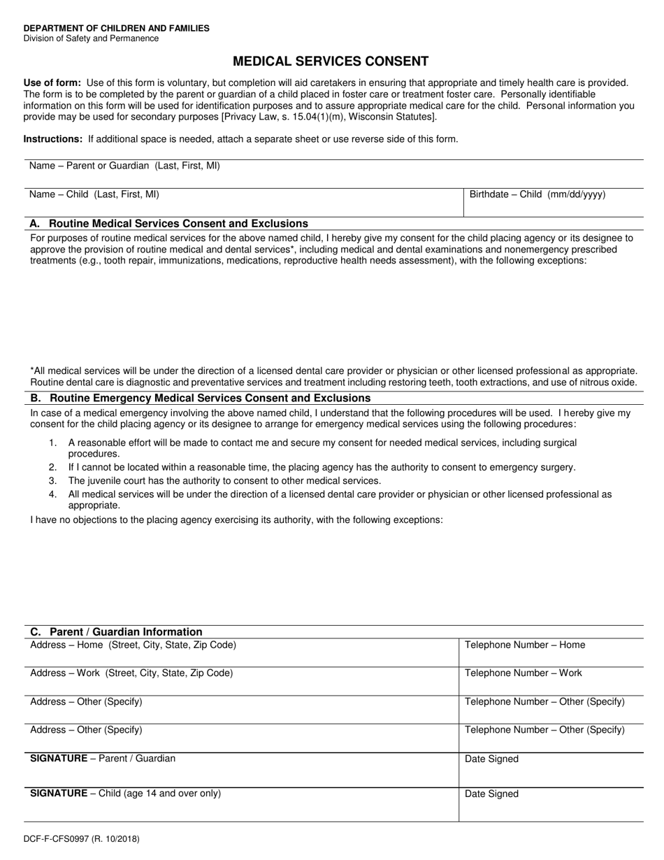 Form DCF-F-CFS0997 Medical Services Consent - Wisconsin, Page 1