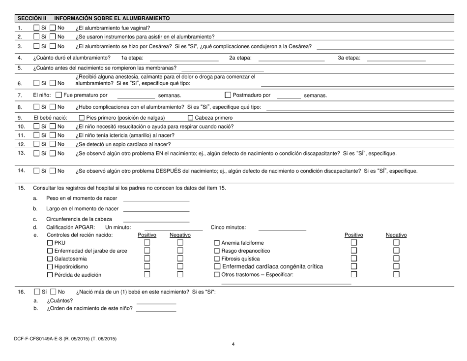 Formulario DCF-F-CFS0149A-E-S Cuestionario Sobre Antecedentes Familiares Medicos / Geneticos - Informacion Sobre El Embarazo Y Alumbramiento - Wisconsin (Spanish), Page 4