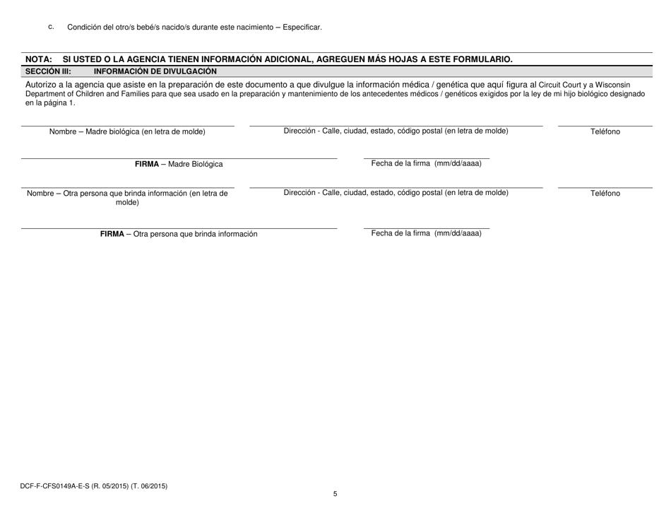 Formulario DCF-F-CFS0149A-E-S Cuestionario Sobre Antecedentes Familiares Medicos / Geneticos - Informacion Sobre El Embarazo Y Alumbramiento - Wisconsin (Spanish), Page 5