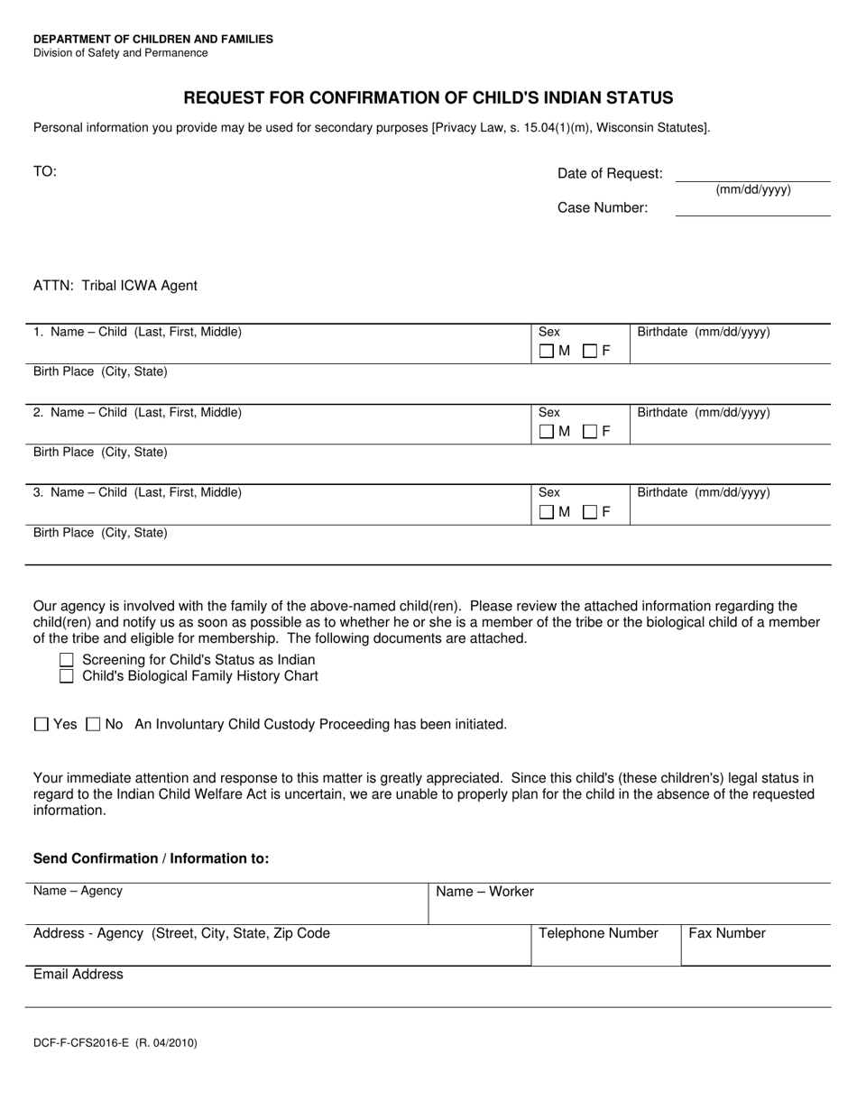 Form DCF-F-CFS2016-E Request for Confirmation of Childs Indian Status - Wisconsin, Page 1