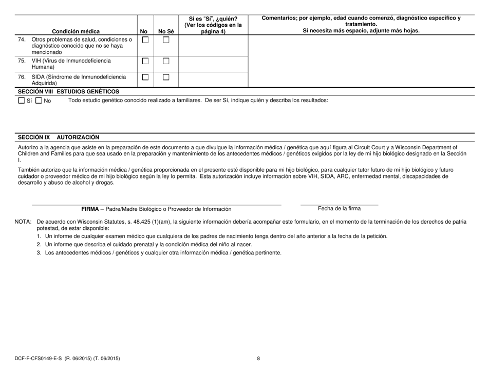 Formulario DCF-F-CFS0149-E-S Cuestionario Sobre Antecedentes Familiares - Medicos / Geneticos - Wisconsin (Spanish), Page 8