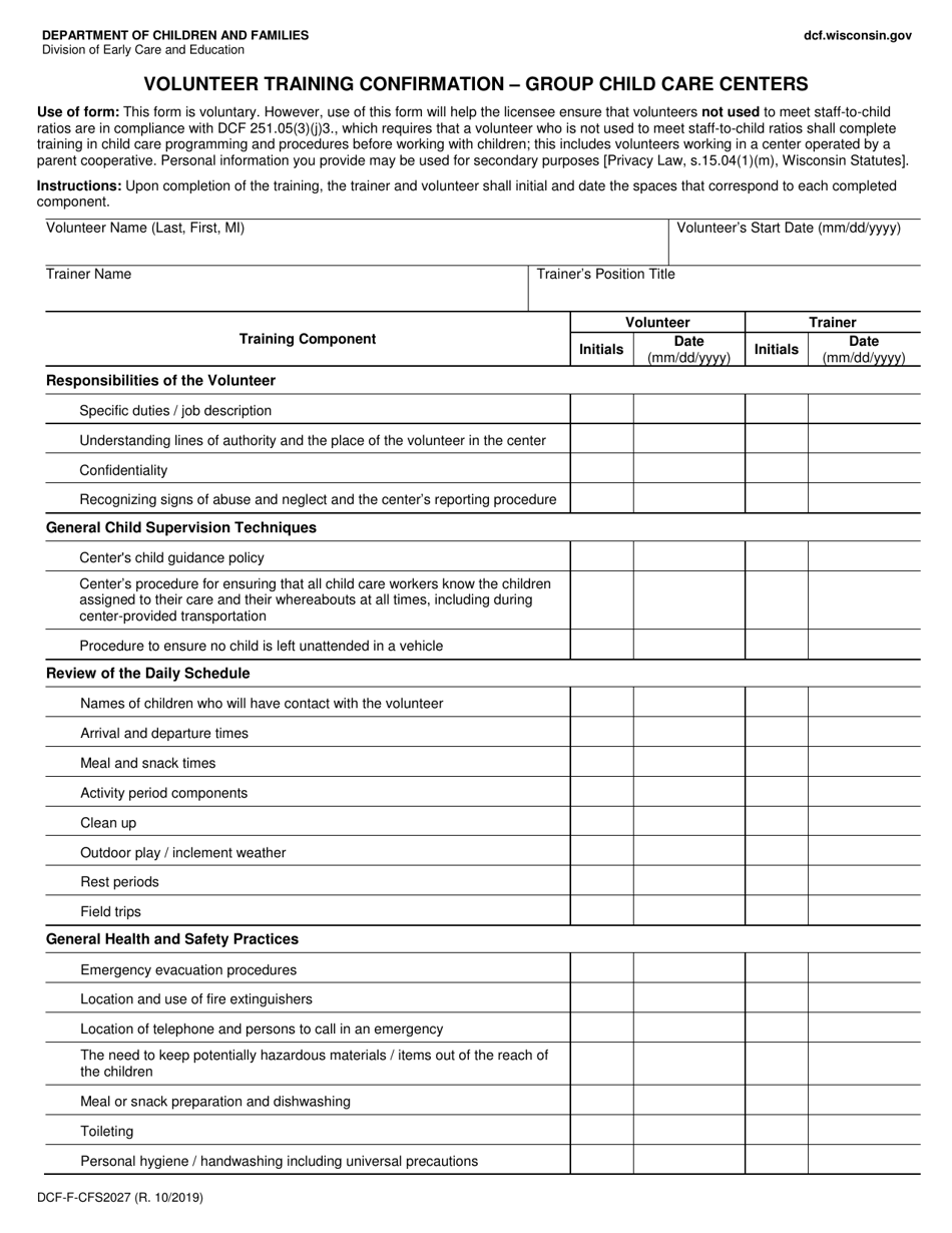 Form DCF-F-CFS2027 Volunteer Training Confirmation - Group Child Care Centers - Wisconsin, Page 1