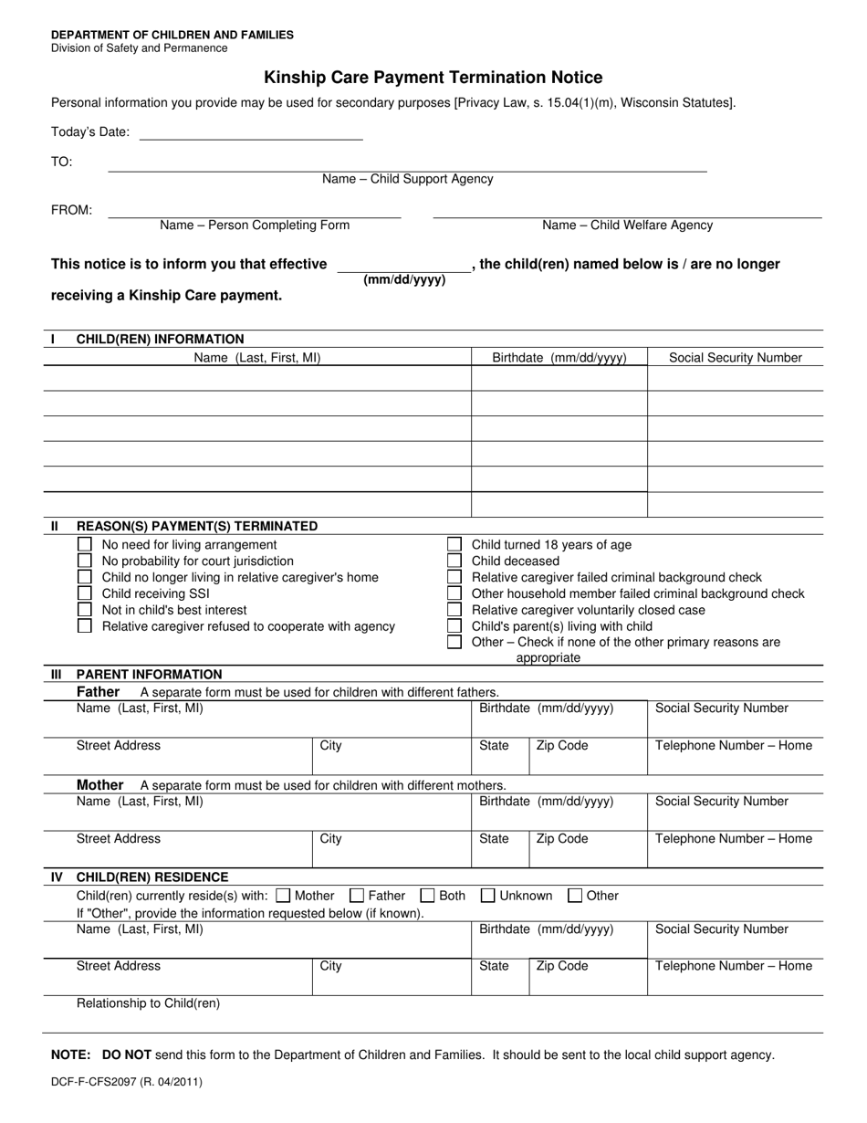 Form DCF-F-CFS2097 Kinship Care Payment Termination Notice - Wisconsin, Page 1