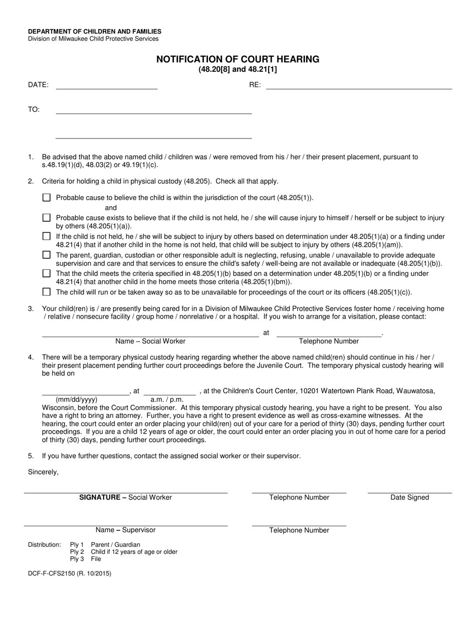 Form DCF-F-CFS2150 Notification of Court Hearing - Wisconsin, Page 1