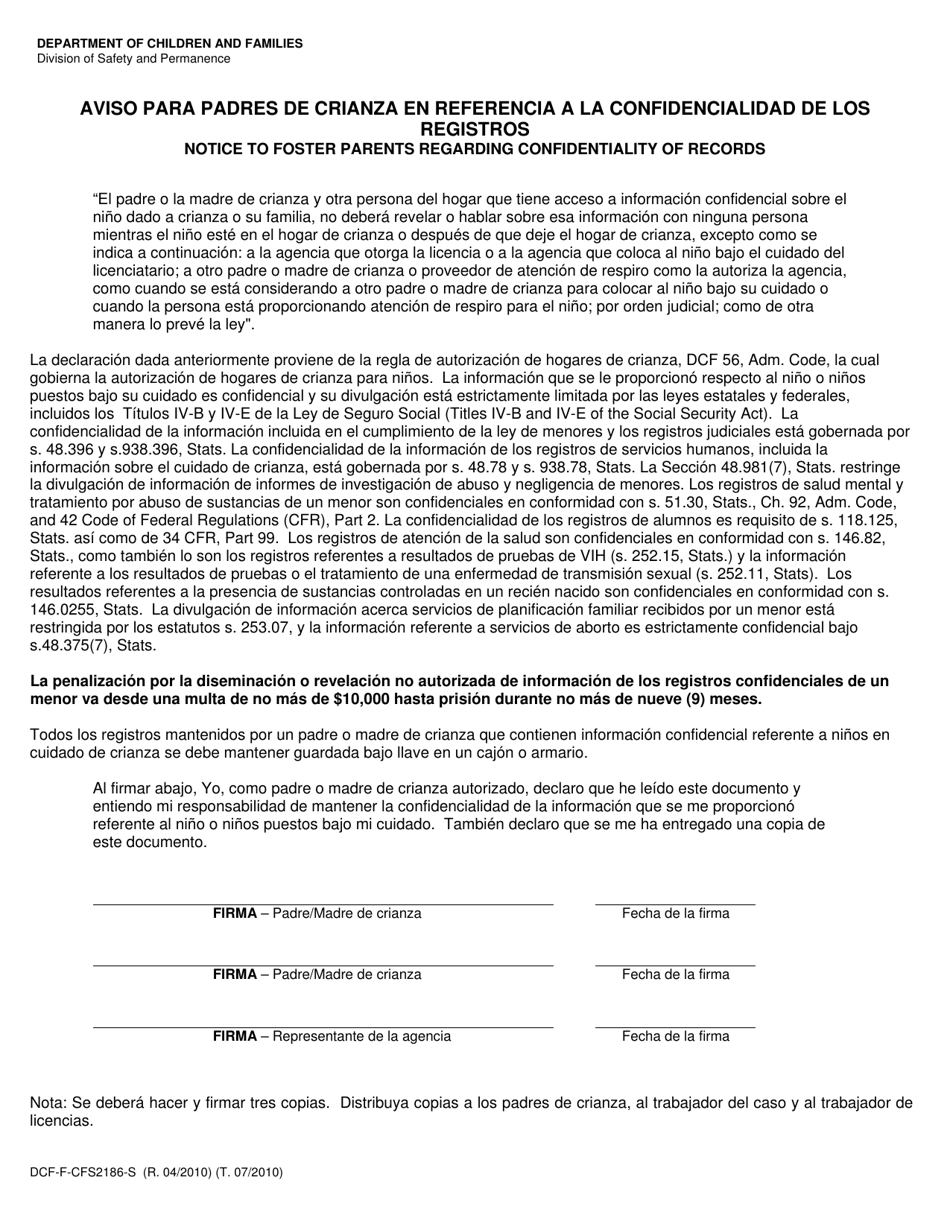 Formulario DCF-F-CFS2186-S Aviso Para Padres De Crianza En Referencia a La Confidencialidad De Los Registros - Wisconsin (Spanish), Page 1