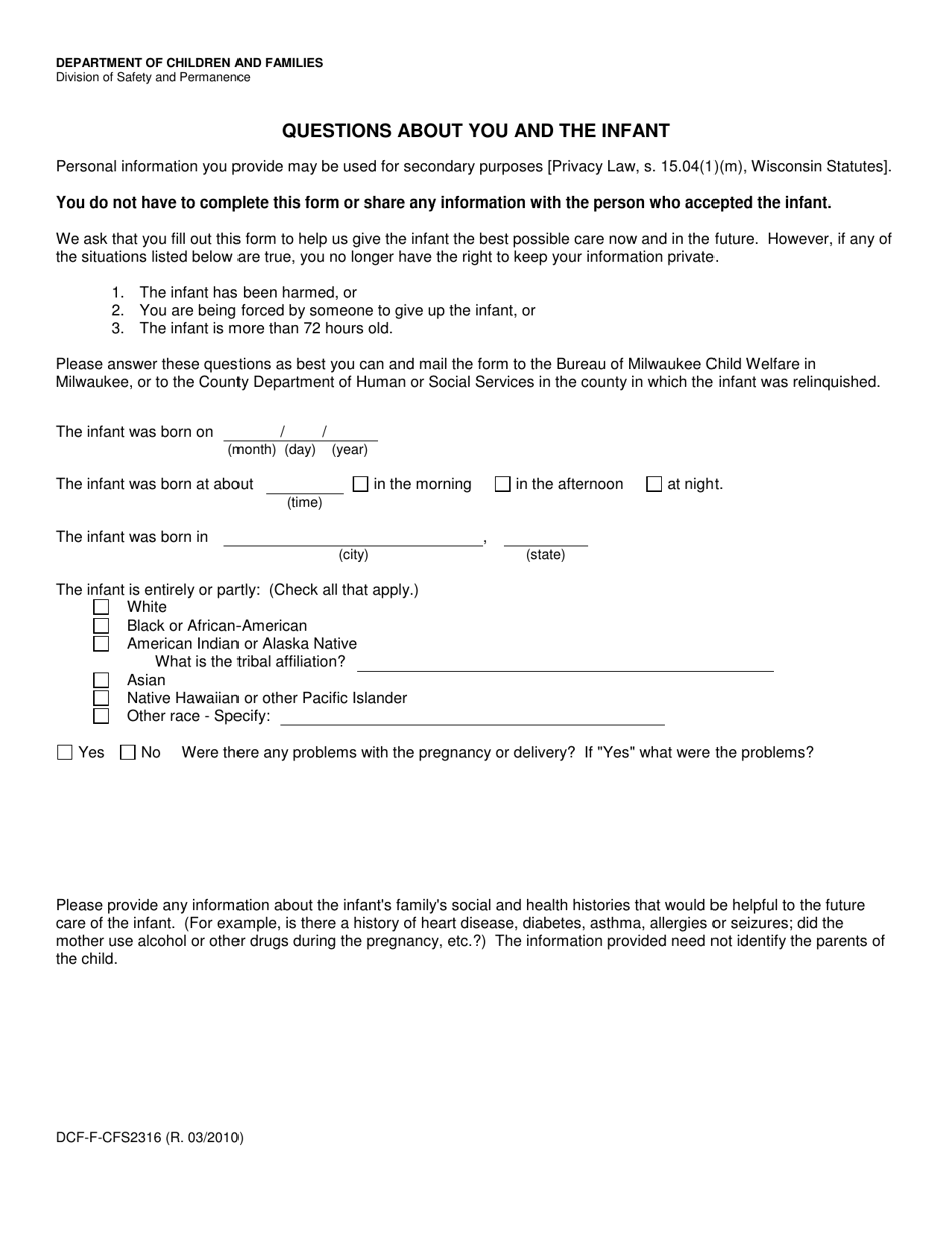 Form DCF-F-CFS2316 Questions About You and the Infant - Wisconsin, Page 1