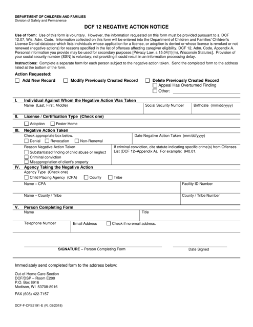 Form DCF-F-CFS2191-E Dcf 12 Negative Action Notice - Wisconsin