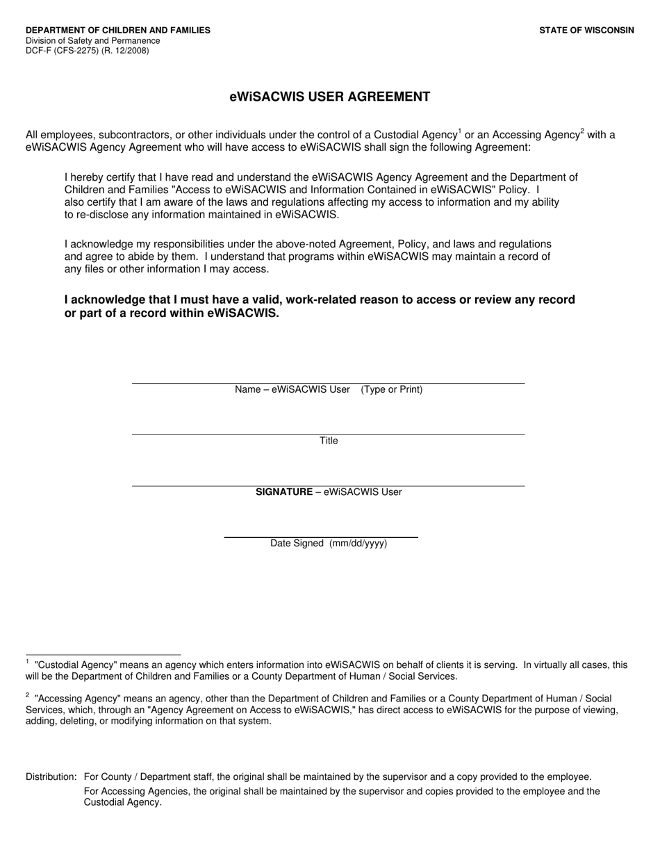 Form DCF-F-CFS2275 Ewisacwis User Agreement - Wisconsin, Page 1