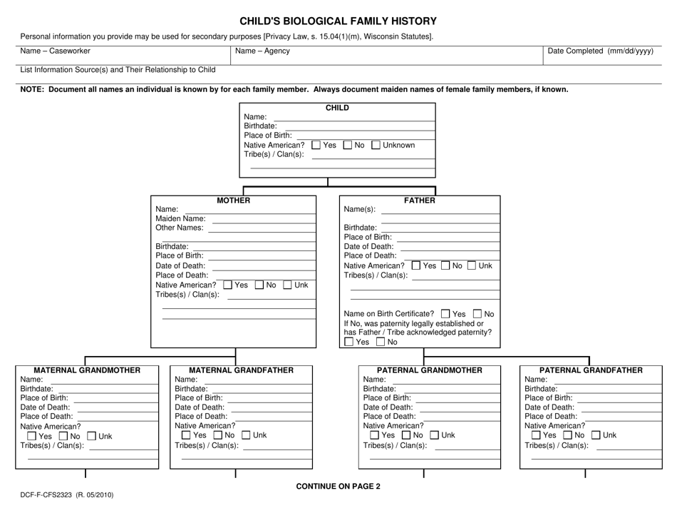 Form DCF-F-CFS2323 Childs Biological Family History - Wisconsin, Page 1
