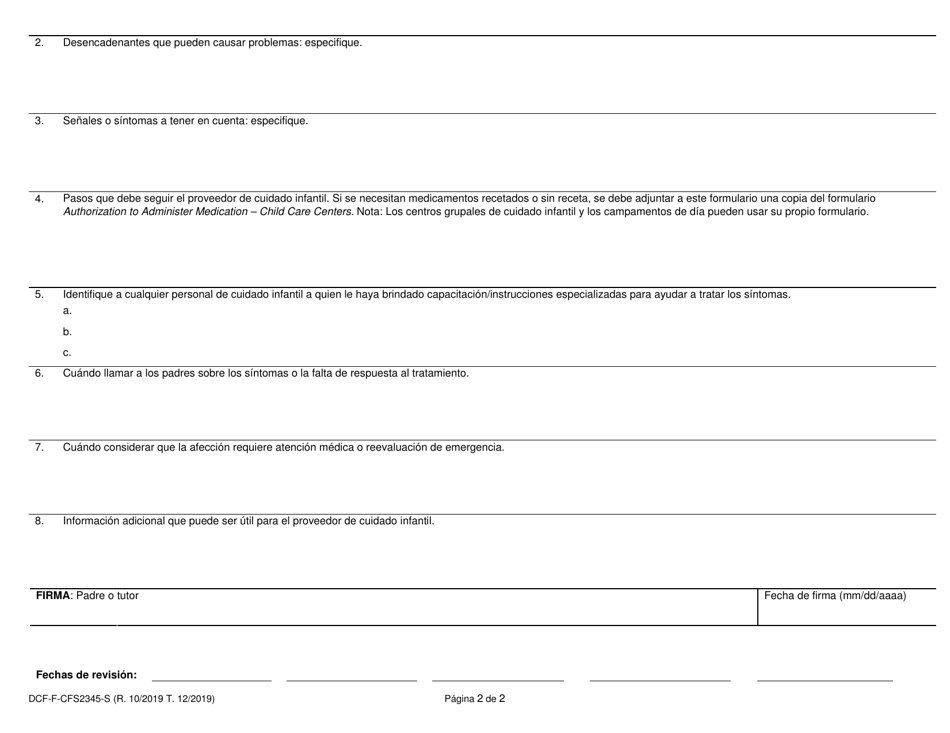 Formulario DCF-F-CFS2345-S Historial De Salud Y Plan De Atencion De Emergencia - Wisconsin (Spanish), Page 2