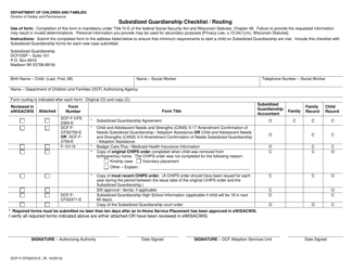 Document preview: Form DCF-F-CFS2372-E Subsidized Guardianship Checklist/Routing - Wisconsin