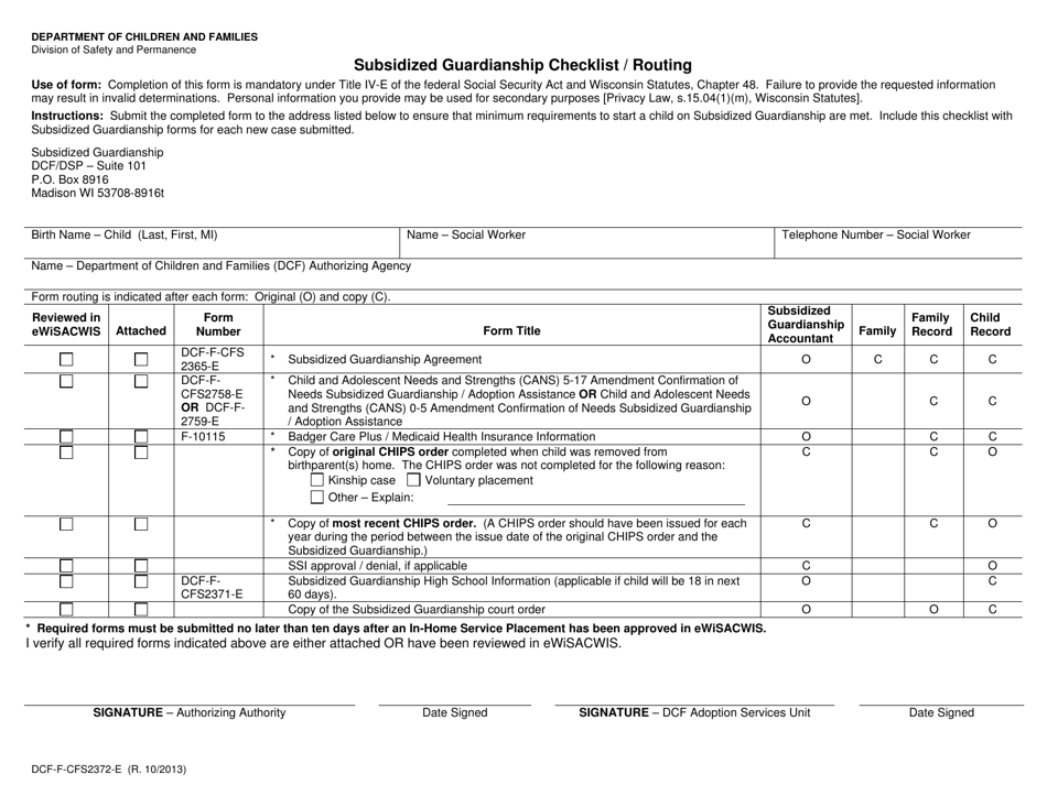 Form DCF-F-CFS2372-E Subsidized Guardianship Checklist / Routing - Wisconsin, Page 1