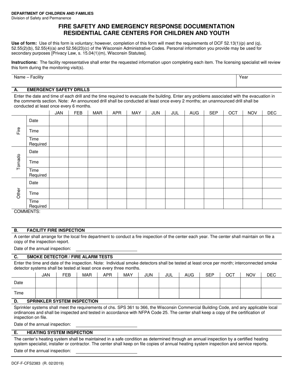 Form DCF-F-CFS2383 Fire Safety and Emergency Response Documentation Residential Care Centers for Children and Youth - Wisconsin, Page 1