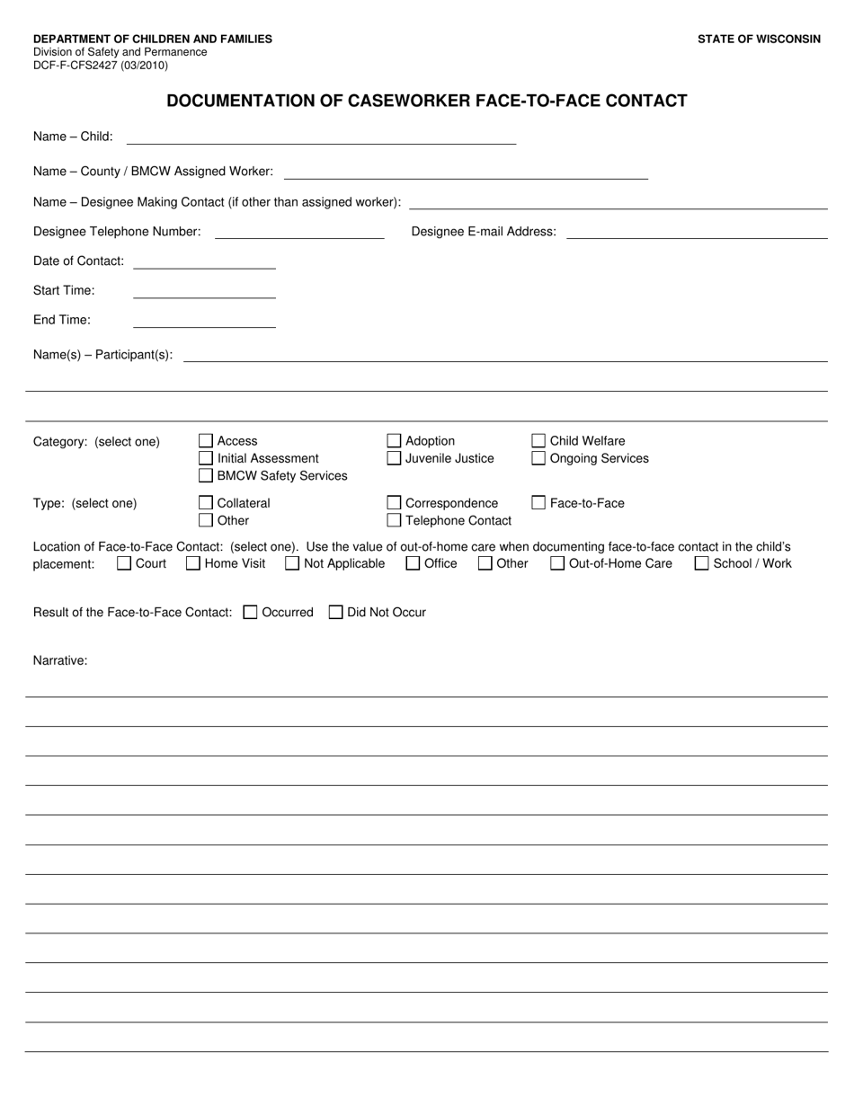 Form DCF-F-CFS2427 Documentation of Caseworker Face-To-Face Contact - Wisconsin, Page 1