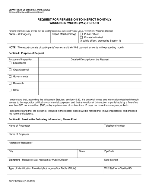 Form DCF-F-DES2025 Request for Permission to Inspect Monthly Wisconsin Works (W-2) Report - Wisconsin