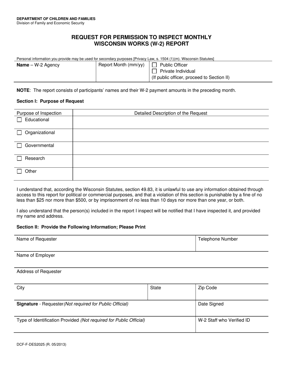 Form DCF-F-DES2025 Request for Permission to Inspect Monthly Wisconsin Works (W-2) Report - Wisconsin, Page 1