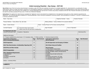 Form DCF-F-CFS0070 &quot;Initial Licensing Checklist - Day Camps - Dcf 252&quot; - Wisconsin