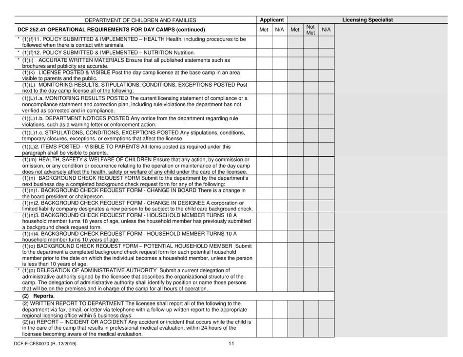 Form DCF-F-CFS0070 Initial Licensing Checklist - Day Camps - Dcf 252 - Wisconsin, Page 11