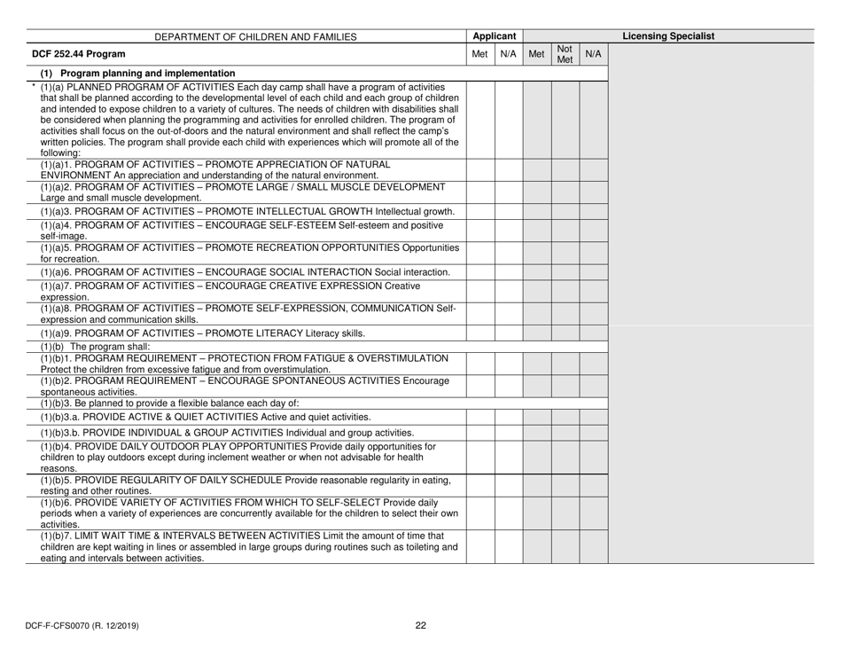Form DCF-F-CFS0070 Initial Licensing Checklist - Day Camps - Dcf 252 - Wisconsin, Page 22