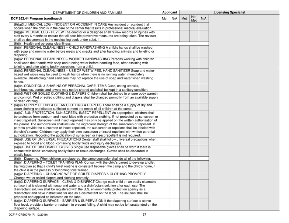 Form DCF-F-CFS0070 Initial Licensing Checklist - Day Camps - Dcf 252 - Wisconsin, Page 27