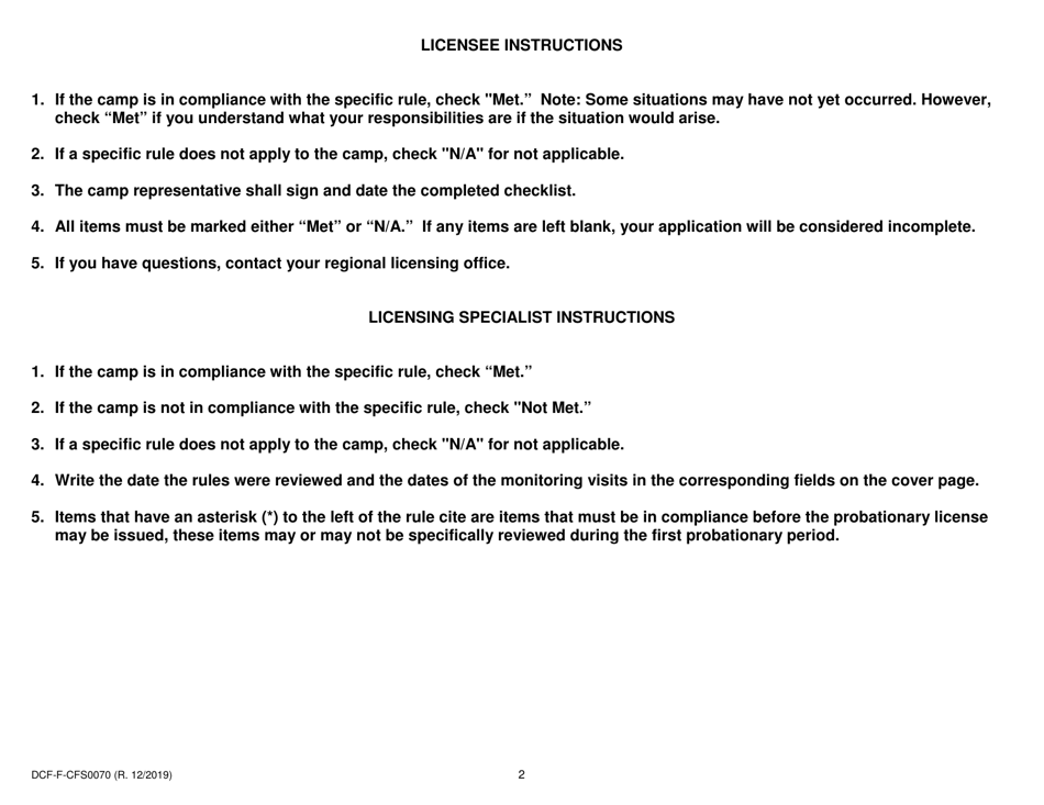 Form DCF-F-CFS0070 Initial Licensing Checklist - Day Camps - Dcf 252 - Wisconsin, Page 2