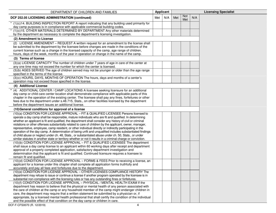 Form DCF-F-CFS0070 Initial Licensing Checklist - Day Camps - Dcf 252 - Wisconsin, Page 4