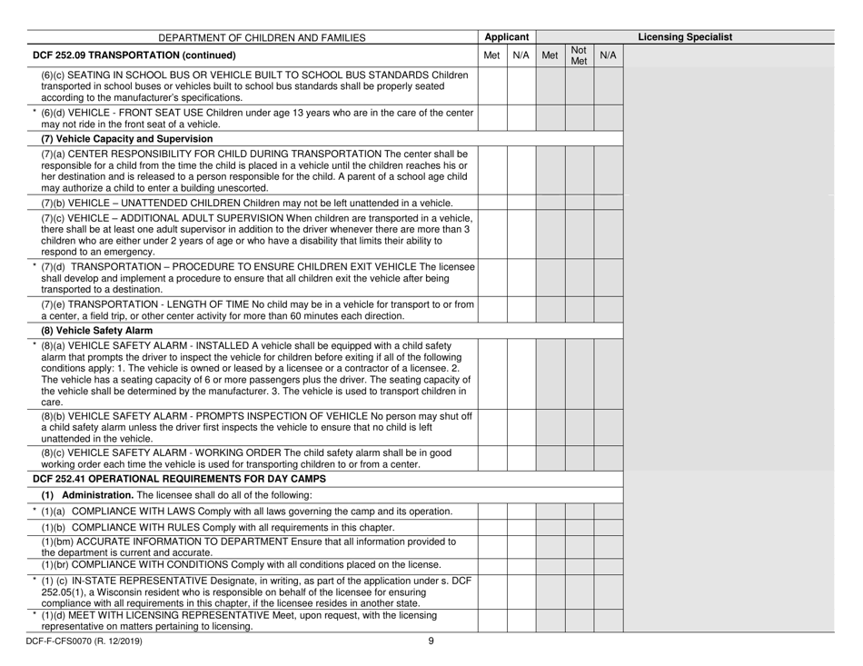 Form DCF-F-CFS0070 Initial Licensing Checklist - Day Camps - Dcf 252 - Wisconsin, Page 9