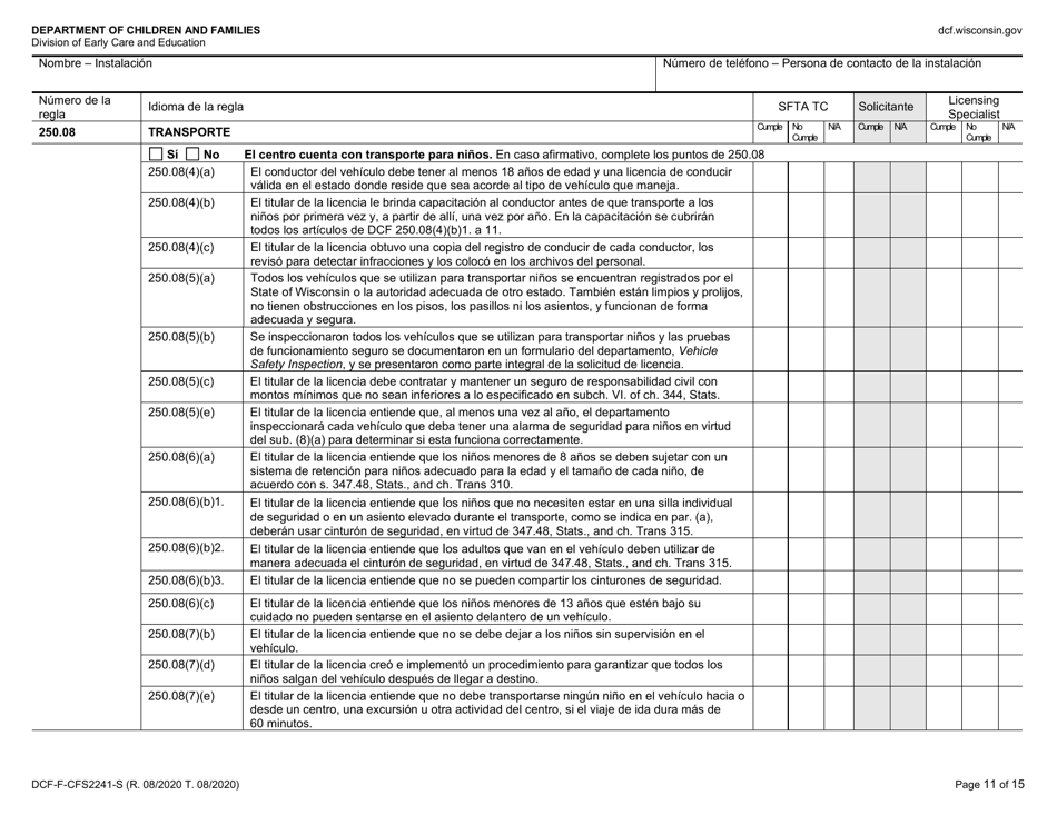 Formulario DCF-F-CFS2241-S Lista De Verificacion De La Licencia Inicial: Centros De Cuidado Infantil Familiar - Wisconsin (Spanish), Page 11