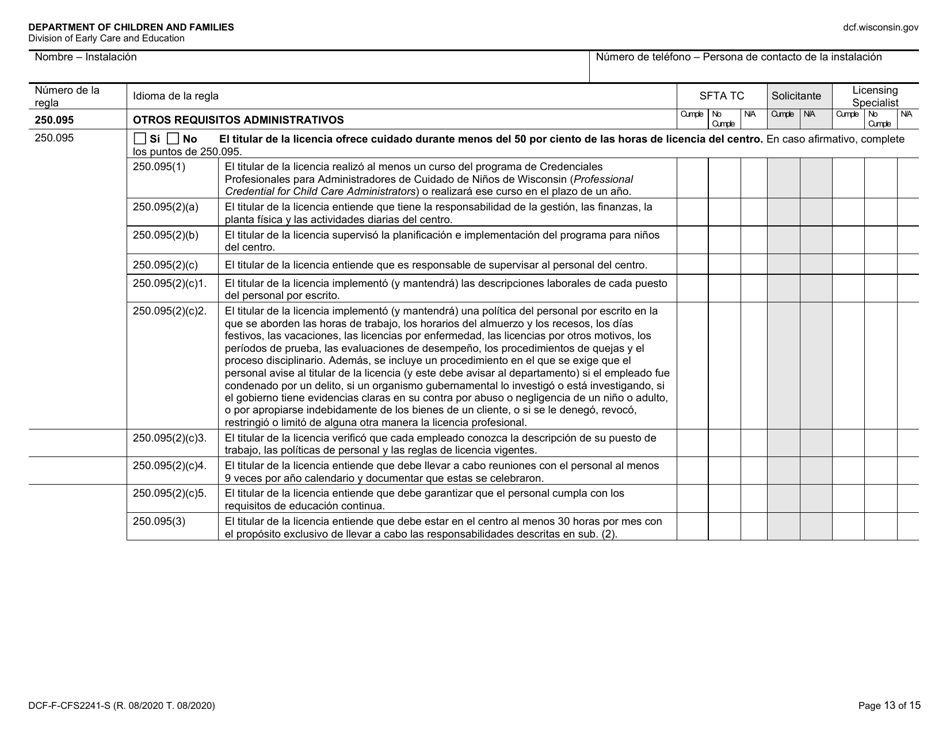Formulario DCF-F-CFS2241-S Lista De Verificacion De La Licencia Inicial: Centros De Cuidado Infantil Familiar - Wisconsin (Spanish), Page 13
