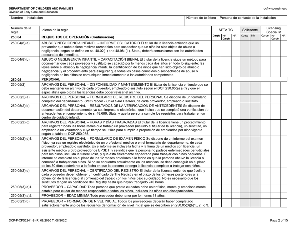 Formulario DCF-F-CFS2241-S Lista De Verificacion De La Licencia Inicial: Centros De Cuidado Infantil Familiar - Wisconsin (Spanish), Page 2