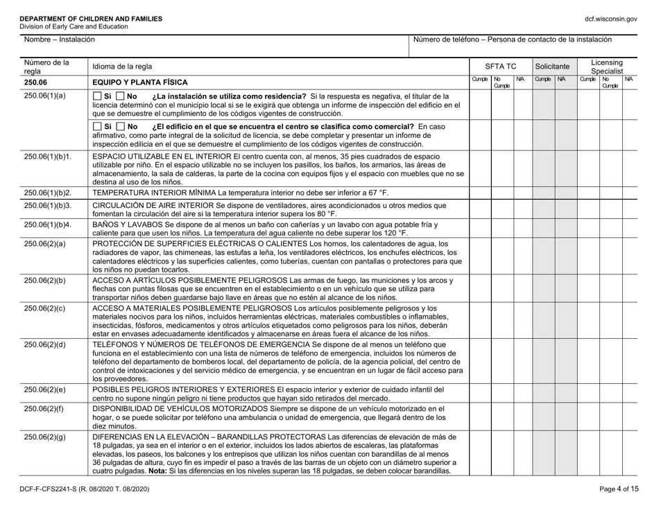 Formulario DCF-F-CFS2241-S Lista De Verificacion De La Licencia Inicial: Centros De Cuidado Infantil Familiar - Wisconsin (Spanish), Page 4