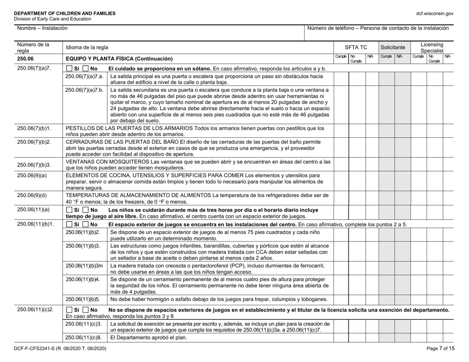 Formulario DCF-F-CFS2241-S Lista De Verificacion De La Licencia Inicial: Centros De Cuidado Infantil Familiar - Wisconsin (Spanish), Page 7