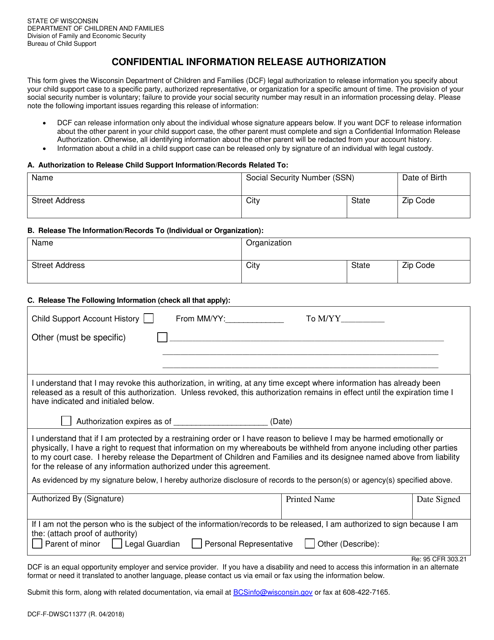 Form DCF-F-DWSC11377 Confidential Information Release Authorization - Wisconsin