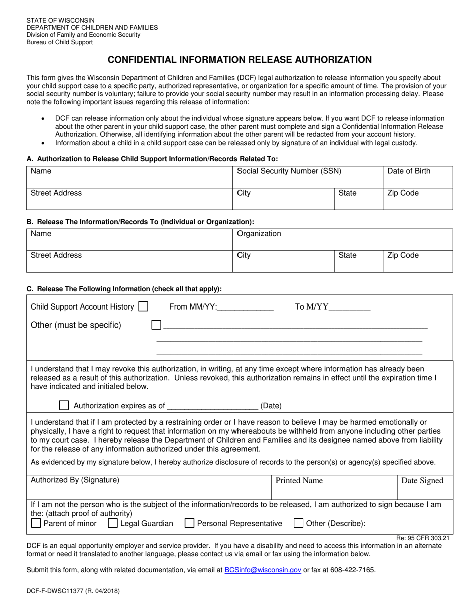 Form DCF-F-DWSC11377 Confidential Information Release Authorization - Wisconsin, Page 1