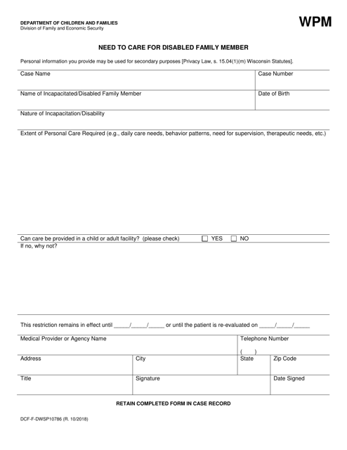 Form DCF-F-DWSP10786 Need to Care for Disabled Family Member - Wisconsin