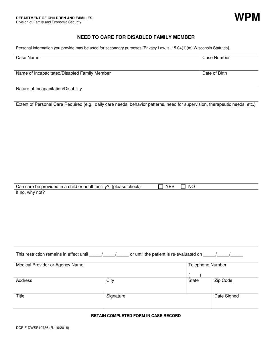 Form DCF-F-DWSP10786 Need to Care for Disabled Family Member - Wisconsin, Page 1