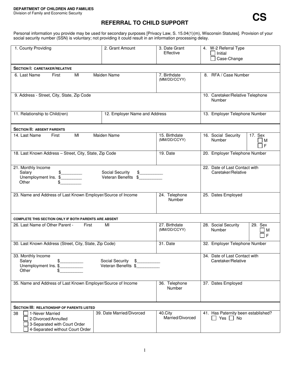 Form DCF-F-DWSP3080 Referral to Child Support - Wisconsin, Page 1