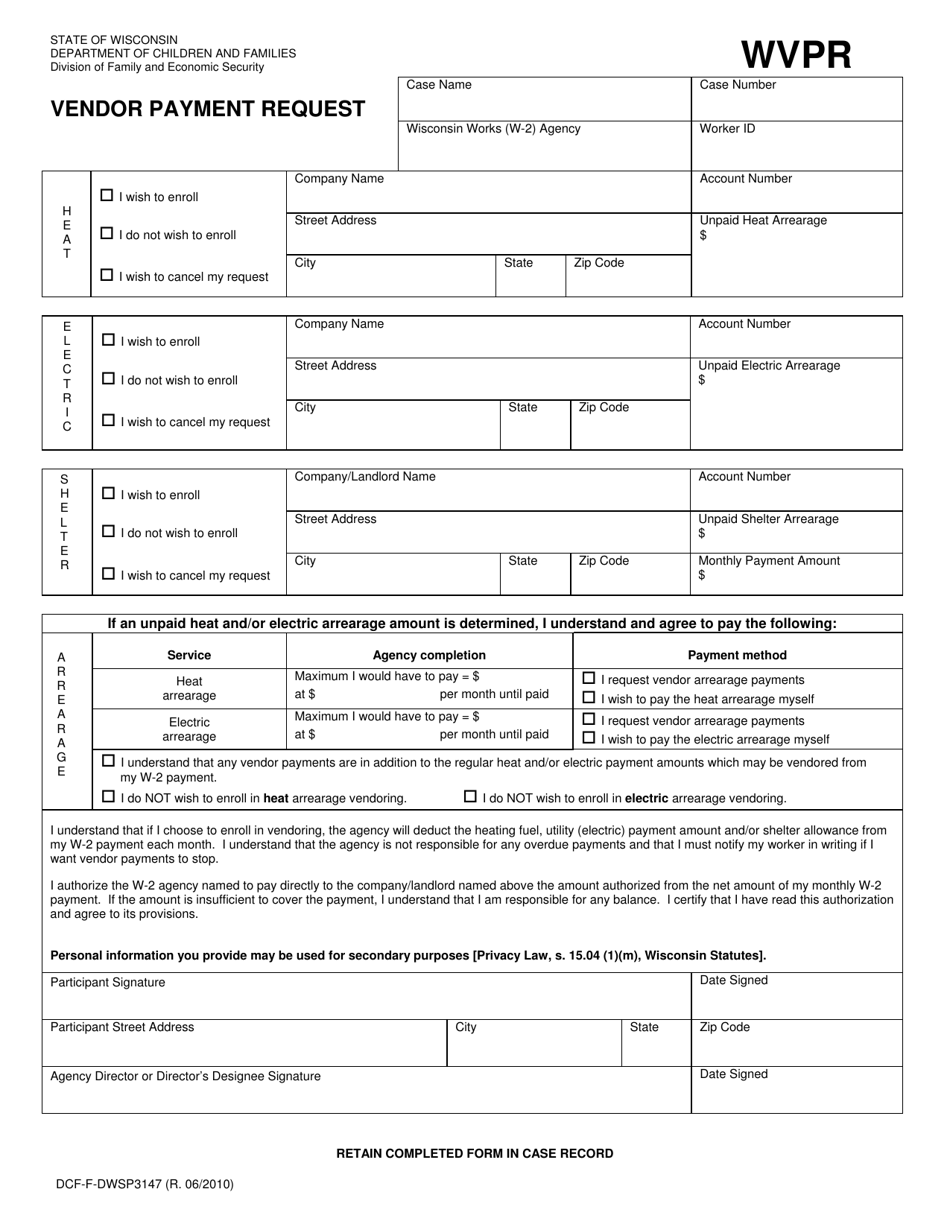 Form DCF-F-DWSP3147 Vendor Payment Request - Wisconsin, Page 1