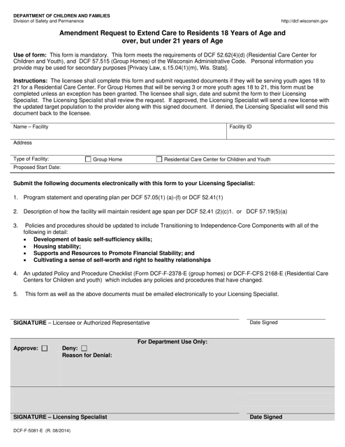 Form DCF-F-5081-E Amendment Request to Extend Care to Residents 18 Years of Age and Over, but Under 21 Years of Age - Wisconsin