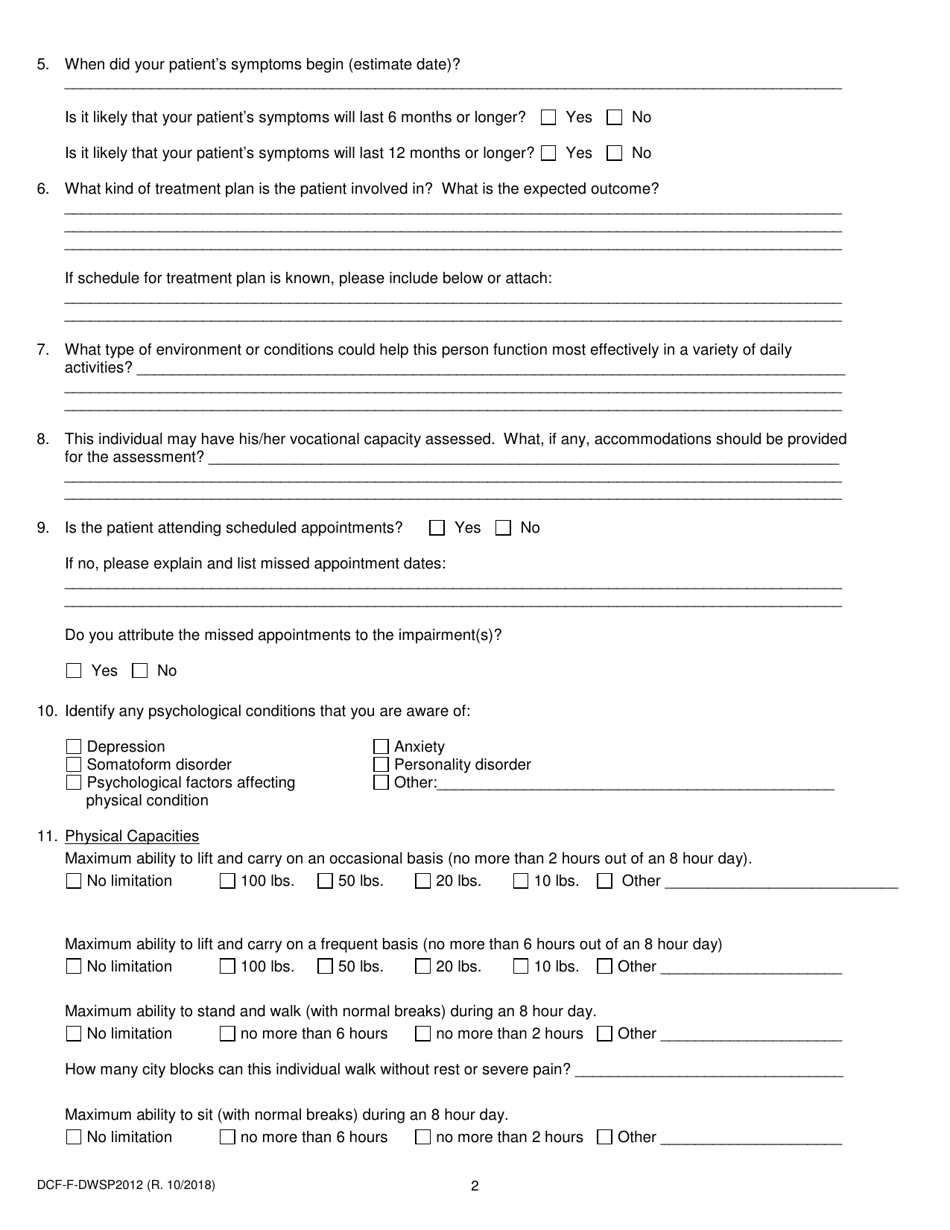 Form DCF-F-DWSP2012 Medical Examination and Capacity - Wisconsin, Page 2