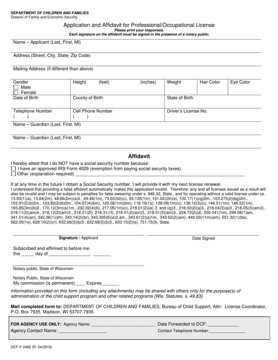 Form DCF-F-2462 Application and Affidavit for Professional / Occupational License - Wisconsin, Page 2